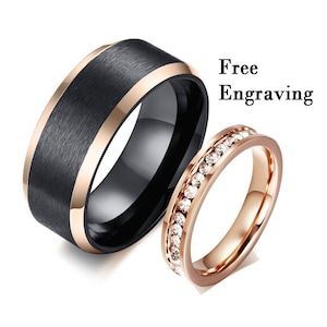 Promise ring for couple set,his and hers ring,black and rose gold wedding band