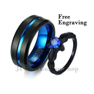 Black and blue Promise rings for couples, promise ring for couple set,gothic couples rings
