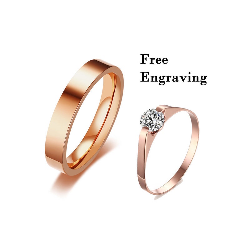 Rose Gold Stainless Steel Matching Couple Ring Set Promise Etsy