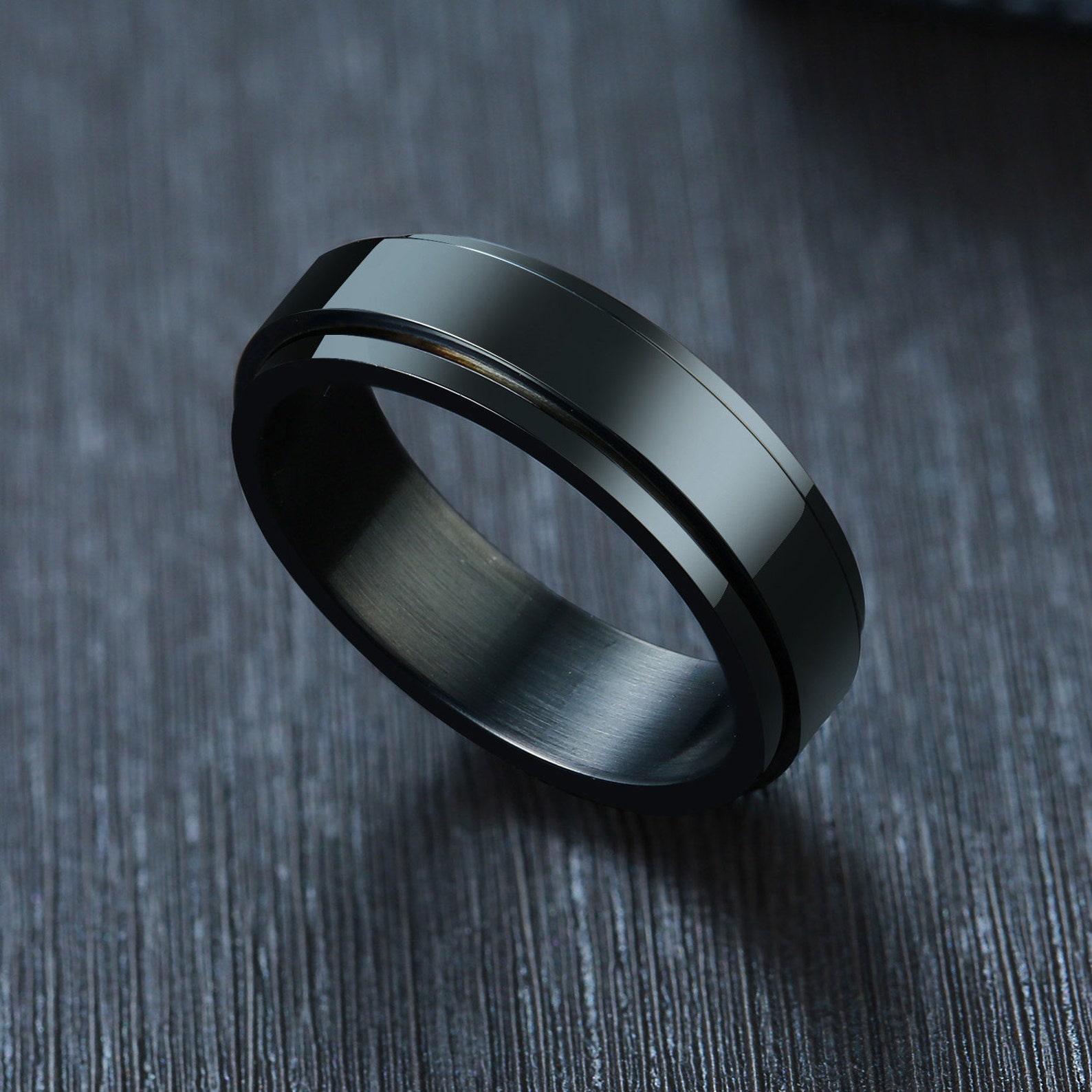 Black Engraved Mens Fidget Spinner Ring Etsy