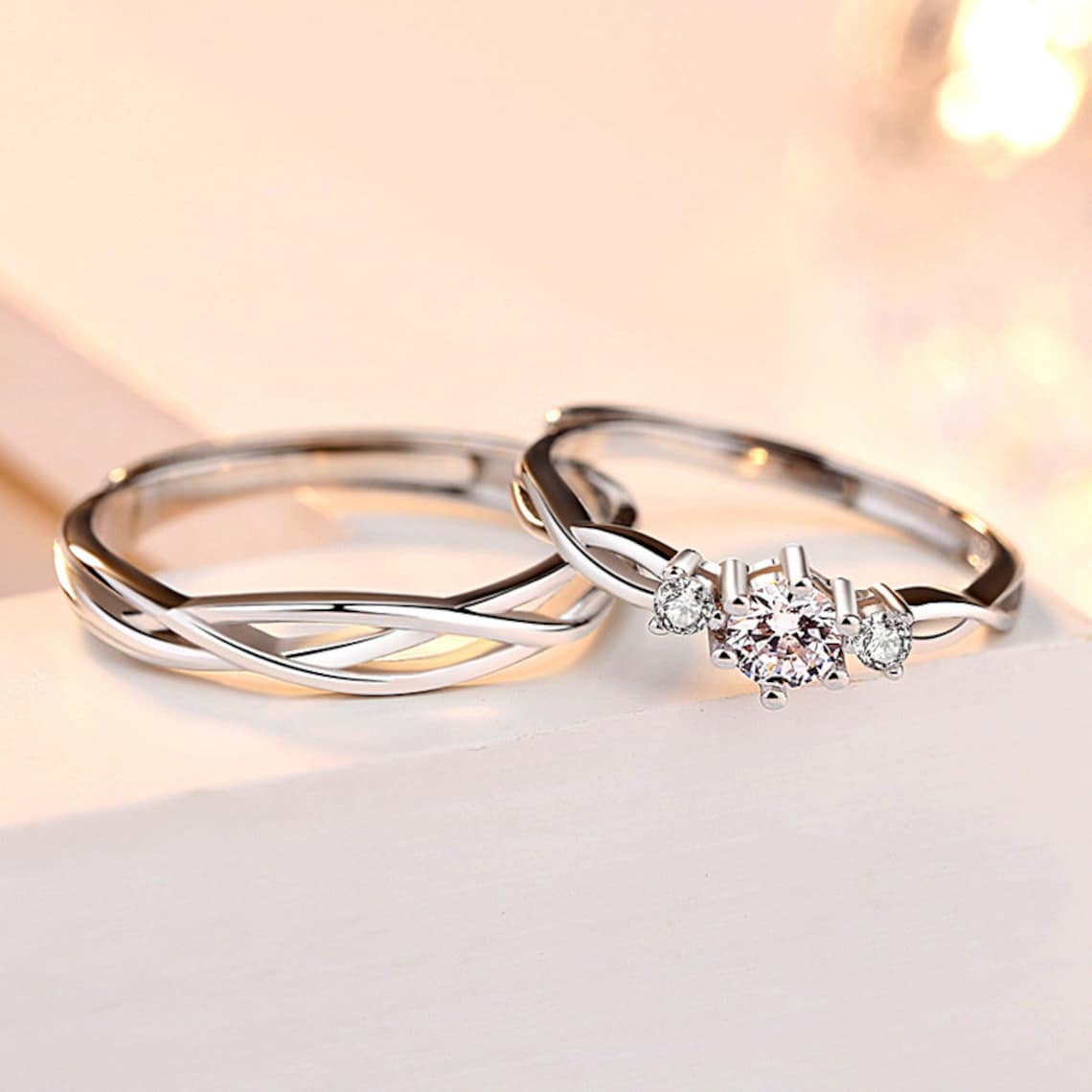925 Sterling silver adjustable Promise rings for couples his Etsy