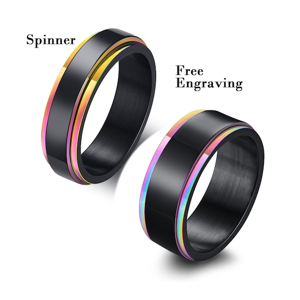 6mm Black and rainbow stainless steel man fidget ring, spinner ring