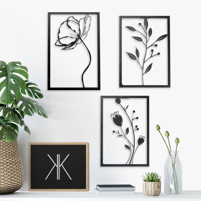 3 Flower Metal Wall Decor Set Metal Wall Art Set Flower Wall Etsy