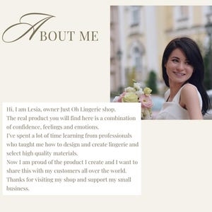 May include: Image features the text "About Me" in elegant script above a block of text. The text introduces Lesia, the owner of Oh Lingerie shop, and describes the shop's focus on confidence and emotions. A woman with dark hair smiles in the background.