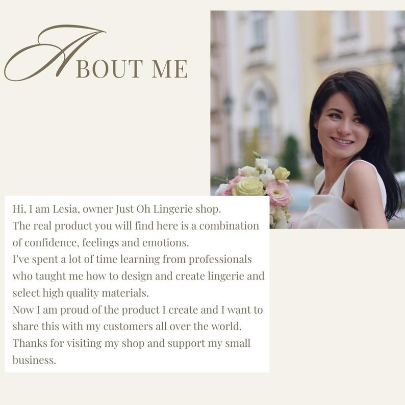 May include: Image features the text "About Me" in elegant script above a block of text. The text introduces Lesia, the owner of Oh Lingerie shop, and describes the shop's focus on confidence and emotions. A woman with dark hair smiles in the background.