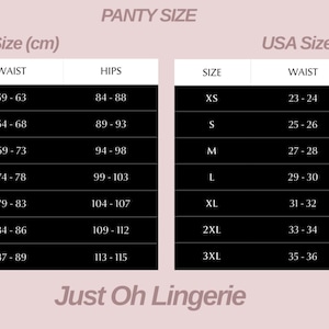May include: Panty size chart with EU and USA sizing. The chart includes sizes XS to 3XL, with waist and hip measurements in inches and centimeters. The brand name "Just Oh Lingerie" is at the bottom.