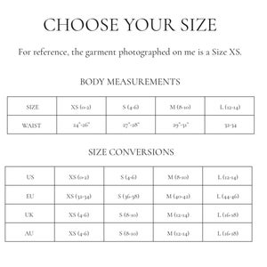 May include: Size conversion chart for clothing. The chart shows the corresponding sizes in US, EU, UK, and AU for sizes XS, S, M, and L. The chart also includes waist measurements in inches for each size.