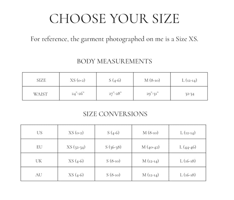 May include: Size conversion chart for clothing. The chart shows the corresponding sizes in US, EU, UK, and AU for sizes XS, S, M, and L. The chart also includes waist measurements in inches for each size.