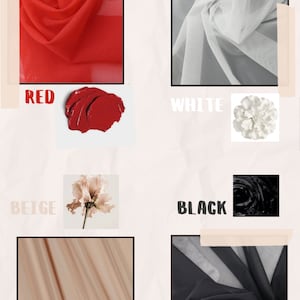 May include: Four fabric swatches in red, white, beige, and black. Each swatch is accompanied by a small image representing the color, such as a red lipstick, a white flower, a beige flower, and a black paint splatter.