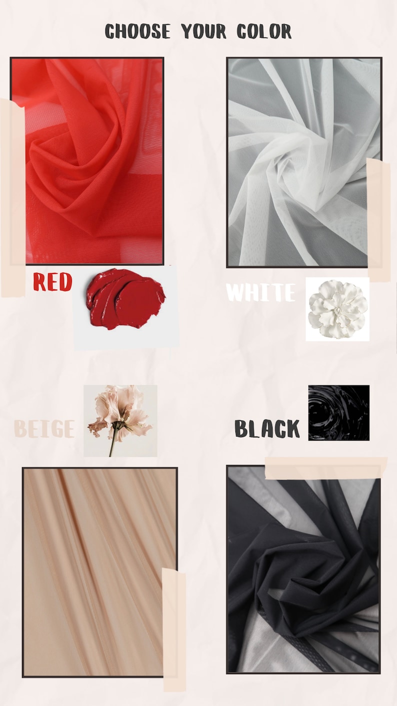 May include: Four fabric swatches in red, white, beige, and black. Each swatch is accompanied by a small image representing the color, such as a red lipstick, a white flower, a beige flower, and a black paint splatter.