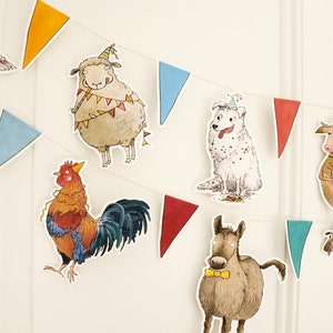 party garland with cute farm animals and pennants - DIY craft sheet with instructions - two-sided