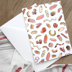 biglietto piegato con busta - set coordinato, motivo salsiccia (vegetariana), cartolina A6, cartoleria, divertente, carta riciclata