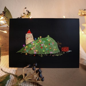 Weihnachtsklappkarte mit Kuvert, Katze und Tannenbaum, A6 Postkarte, Schreibware, witzig