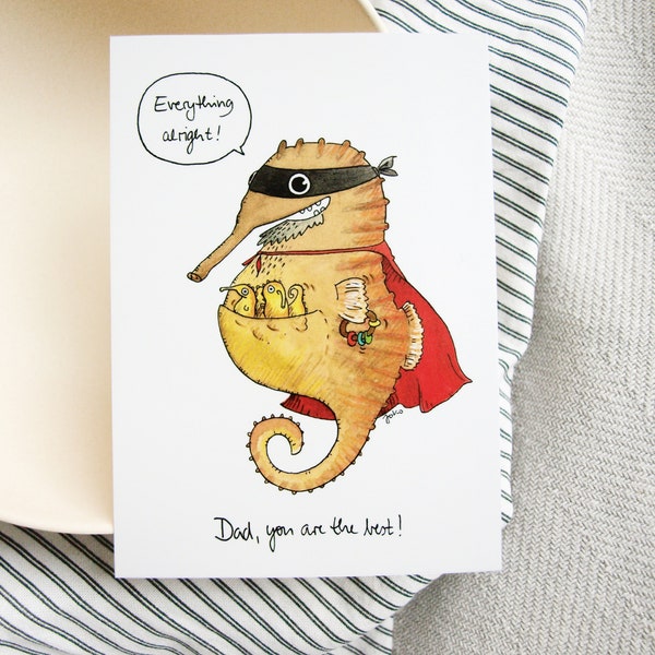 postcard A6 Father's Day: cool superhero seahorse dad