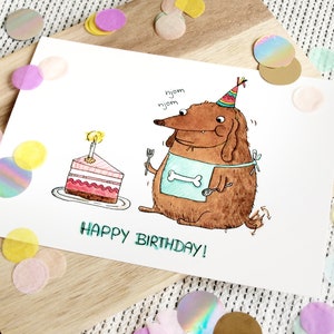 Postkarte A6 Happy Birthday! - mit Hund und Kuchen, Geburtstagskarte, Party