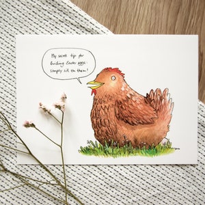 Cartolina di Pasqua A6: la gallina Perla e il suo spiritoso uovo di Pasqua nascondono trucchi