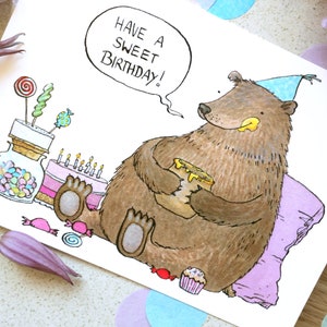 Postkarte A6 Sweet Birthday! - mit niedlichen Bären und Süßigkeiten, Geburtstagskarte, Party