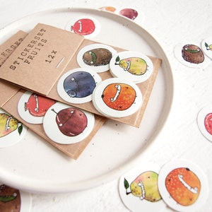 set of 12 fruit stickers, 6 motives, round, 3cm diameter