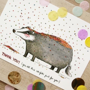 Dankes-Postkarte A6 mit Dachs und Konfetti - THANK YOU!
