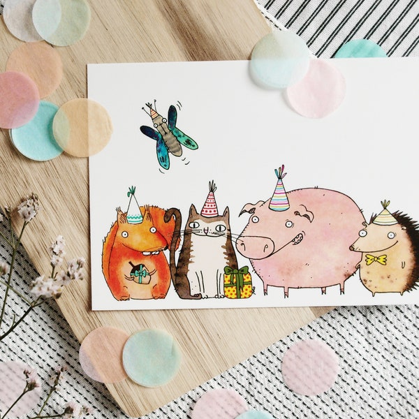 postcard A6 - Party animals - with a cute cat, pig, hedgehog, squirrel and butterfly, birthday card, colourful