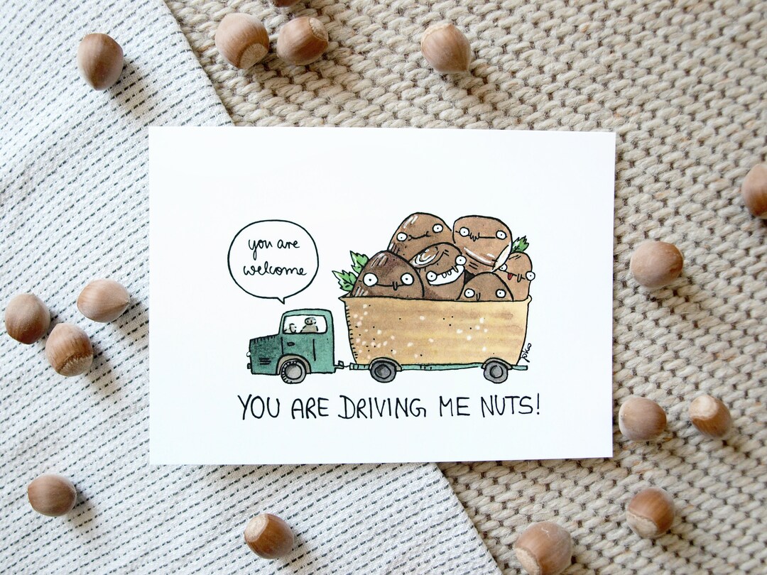 Postcard A6 Nut Delivery Pun / Wordplay You Are Driving Me Nuts Cute