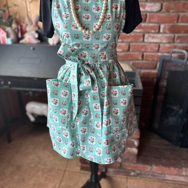 Vintage feel of teal full apron adorned with strawberries , summer full apron adorned with strawberries, strawberry full apron, ladies apron