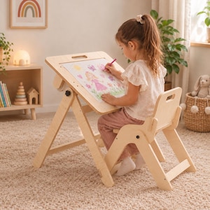 Foldable Kids Drawing Table and Chair Set, 2-in-1 Montessori Art Easel with Paper Roll
