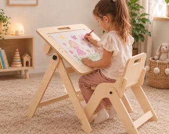 Foldable Kids Drawing Table and Chair Set, 2-in-1 Montessori Art Easel with Paper Roll