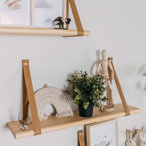 Plant shelf wall mounted, Leather strap floating shelf, Pine wood with leather straps, Traditional living room decor, Hanging wall shelf