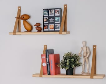 Wall shelf, Plant shelf natural wooden, Modern rustic leather strap shelf, Contemporary floating design