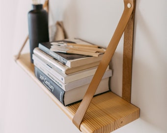 Solid Pine Floating Shelf with Leather Straps