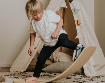 Natural Waldorf Wooden Balance Board for Kids & Toddlers, Wood Wobble Toy for Practicing,  Yoga Curvy Board, Toddler toy
