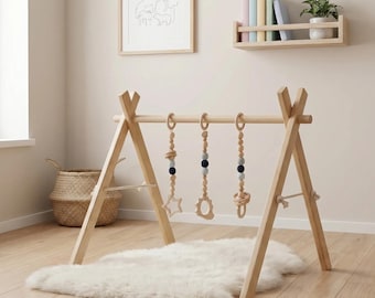 Baby Gym with wooden toys, Montessori play activity gym