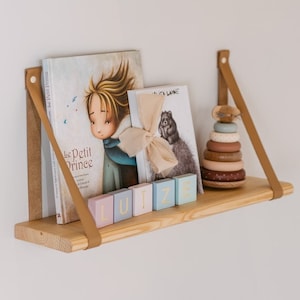 Étagère pour chambre d'enfant, étagère suspendue, étagères en bois flottantes, petite étagère pour chambre d'enfant, étagère flottante en cuir, cuir naturel, Montessori