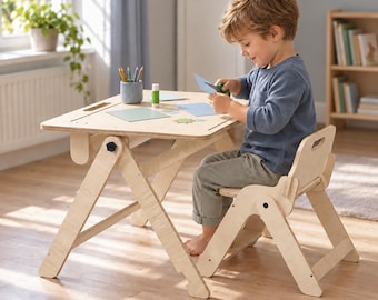 Foldable Kids Table and Chair Set with Drawing Easel for Crafts and Play