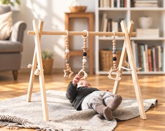 Baby Activity Arch with Hanging Toys, Newborn Gift - Wooden Baby Gym Frame