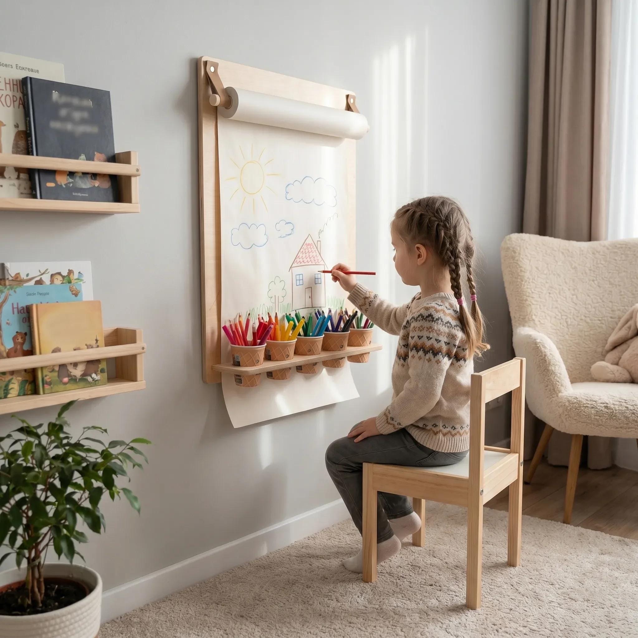 Kids wall easel with pencil holder, Wooden kids art board