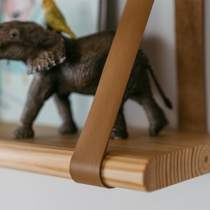 Wall Shelf Wood, Strap Shelf, Cozy bohemian floating leather strap shelf, Handcrafted pine wood, Wall decor, 3 sizes, Real leather straps