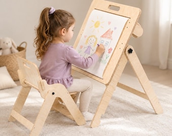 Montessori Art Easel and Activity Table, 2-in-1 Foldable Kids Craft Furniture with Toddler Chair