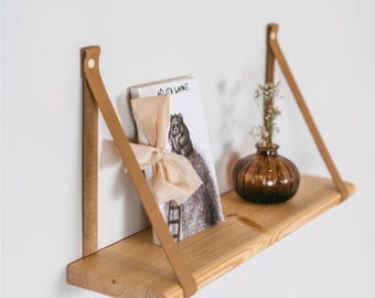 Wall Shelf Wood, Strap Shelf, Cozy bohemian floating leather strap shelf, Handcrafted pine wood, Wall decor, 3 sizes, Real leather straps