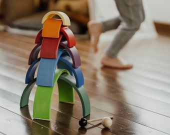 Jouet en bois, Pyramide en bois WALDORF, Ensemble d’empilage Montessori Rainbow, Puzzle, Tout-petit