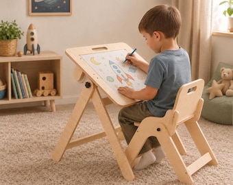 Kids Table and Chair for Drawing, Crafts, Mealtime | Foldable Wooden Activity Table Set