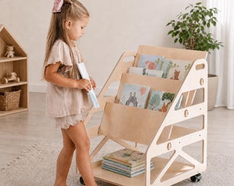 3-in-1 Montessori Bookshelf on Wheels, Convertible Kids Bookcase, Toy Storage Shelf and Reading Chair