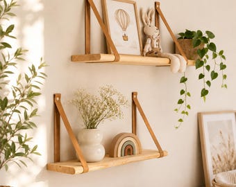 Nursery Floating Wall Shelves with Leather Straps, Solid Pine Wood Shelves