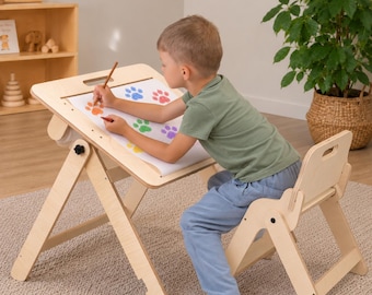 Toddler activity table and chair, Kids wooden foldable desk
