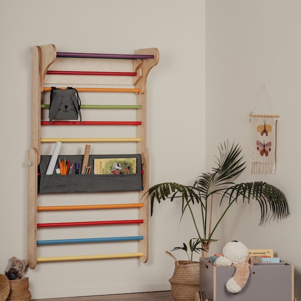 Schwedische Wand Aufbewahrung, Dreieck/Schwedische Wand 2in1 Aufbewahrung, Kletter Wandbehang, Kletterwand Organisator, Kinderzimmer Aufbewahrung, Spielzeug Aufbewahrung