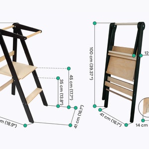 Höhenverstellbarer Helferhocker, Montessori-Turm, Klappbarer Küchenturm, Küchenhelferturm, Tritthocker, Montessori-Möbel Black +Stabilizers