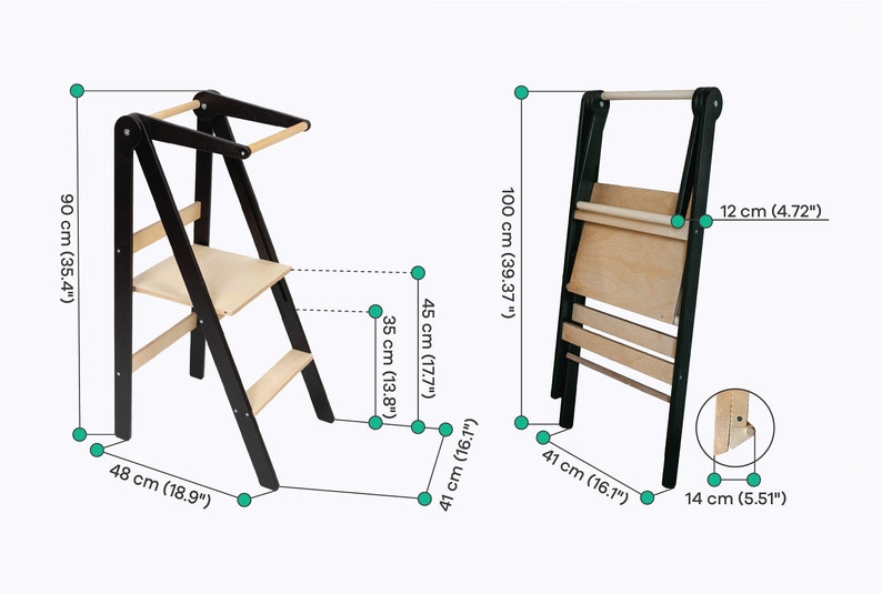 Adjustable Height Helper Stool, Montessori tower, Foldable kitchen tower, Kitchen tower helper, Step stool, Montessori furniture Black +Stabilizers