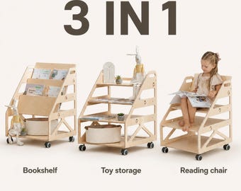 Montessori bookshelf 3-in-1, Kids bookshelf, Toy shelf on wheels