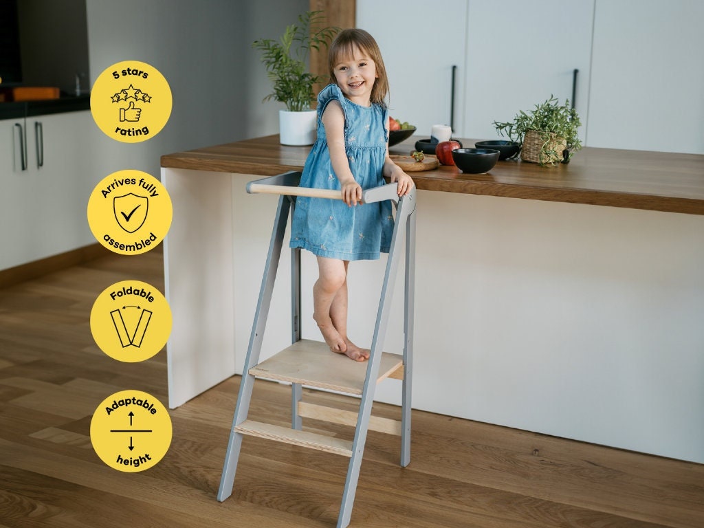 Adjustable Montessori kitchen tower foldable, Toddler kitchen accessories, Folding kids tower, Slim kitchen tower, Kitchen step stool